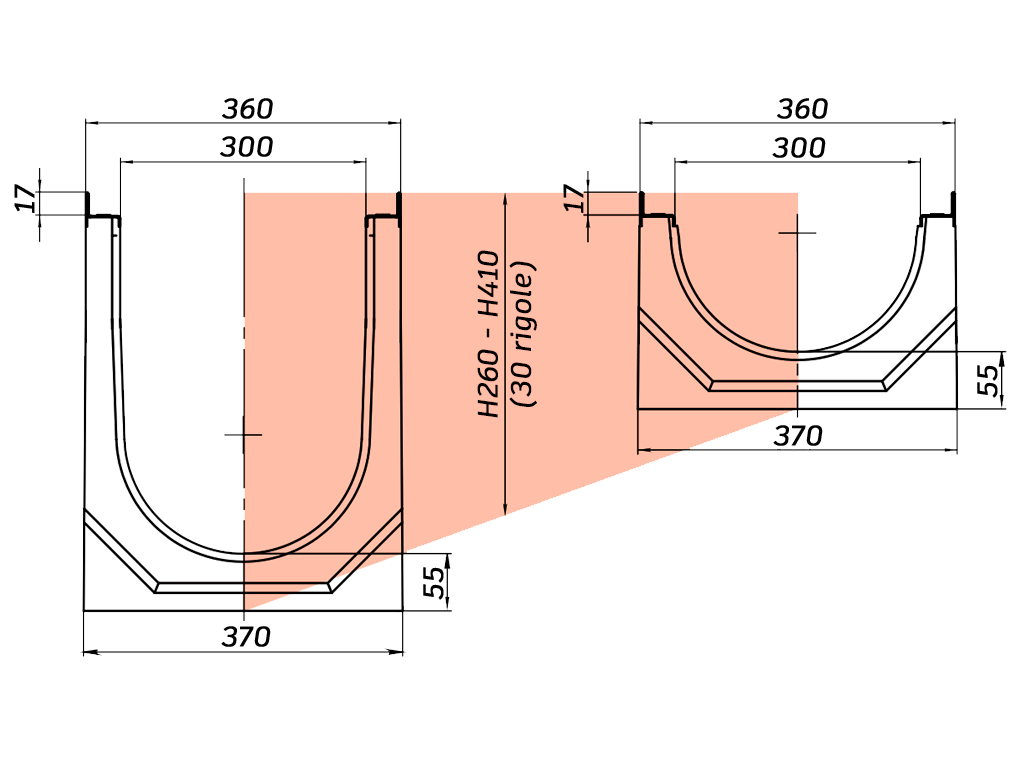 Лоток водоотводный фибробетонный серия PRO DN300 с внутренним уклоном H260-410мм и решетками чугунными класса D400 (1000x360x260-410мм)
