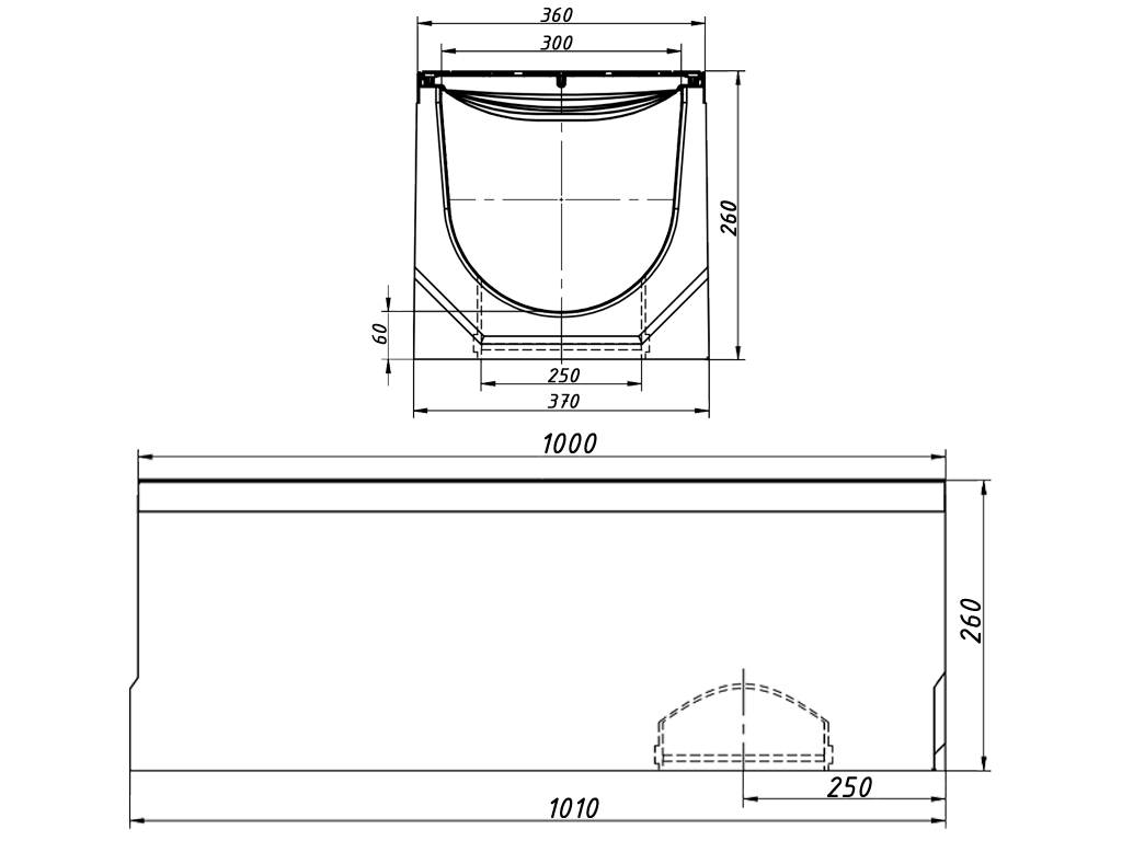 Лоток водоотводный фибробетонный серия PRO DN300 H260 с решеткой чугунной D400 (1000х360х260) с вертикальным выпуском Д250мм