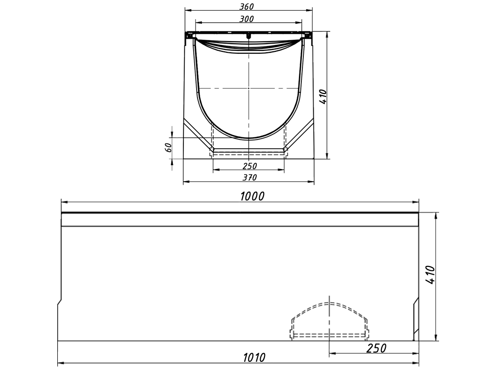 Лоток водоотводный фибробетонный серия PRO DN300 H410 с решеткой чугунной D400 (1000х360х410) с вертикальным выпуском Д250мм