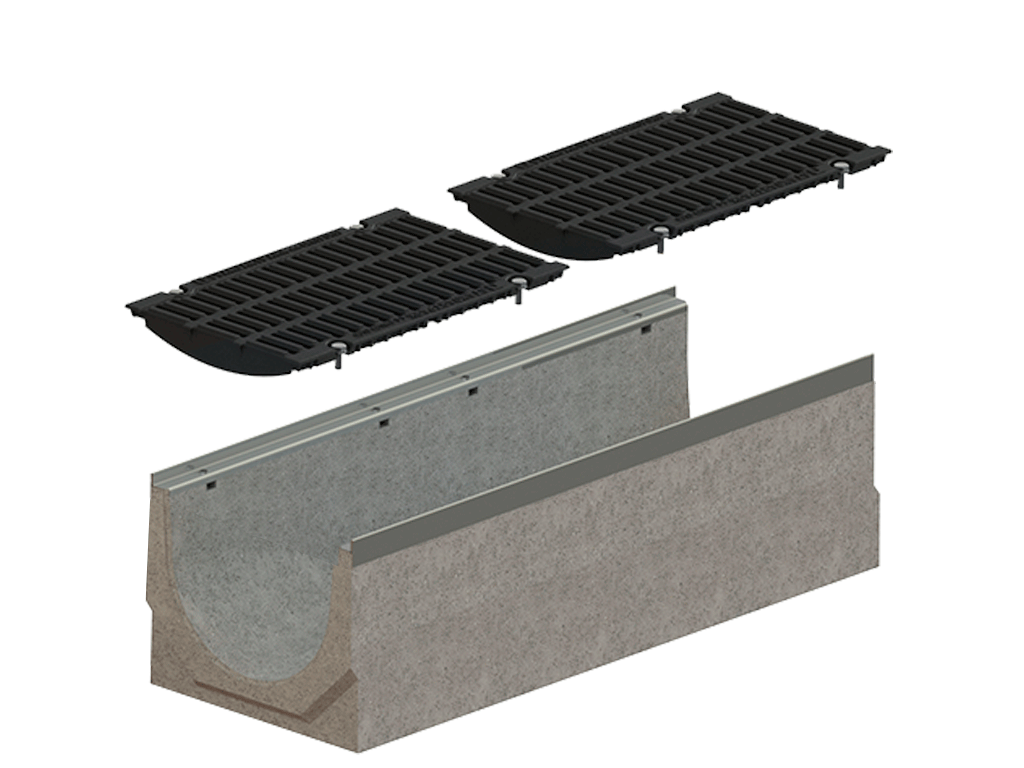 Лоток водоотводный фибробетонный серия PRO DN300 H260 с решеткой чугунной D400 (1000х360х260мм)