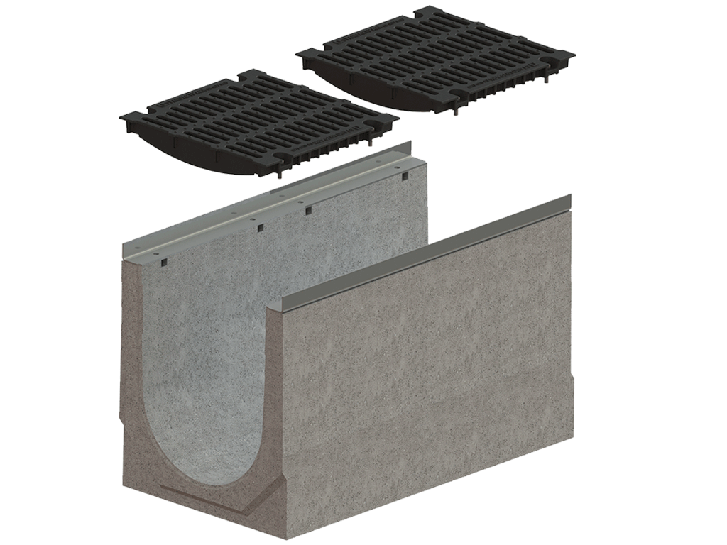 Лоток водоотводный MEGA DN400 (H330 - H610 мм) из фибробетона, с решетками чугунными E600