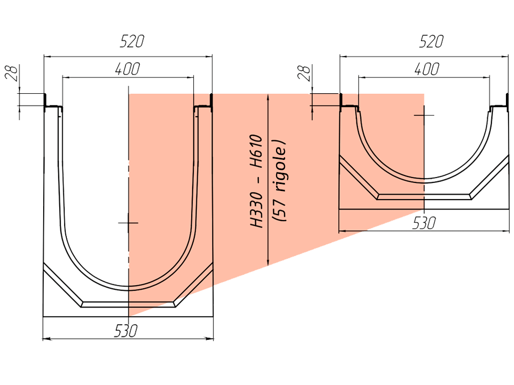Лоток водоотводный MEGA DN400 (H330 - H610 мм) из фибробетона, с решетками чугунными E600