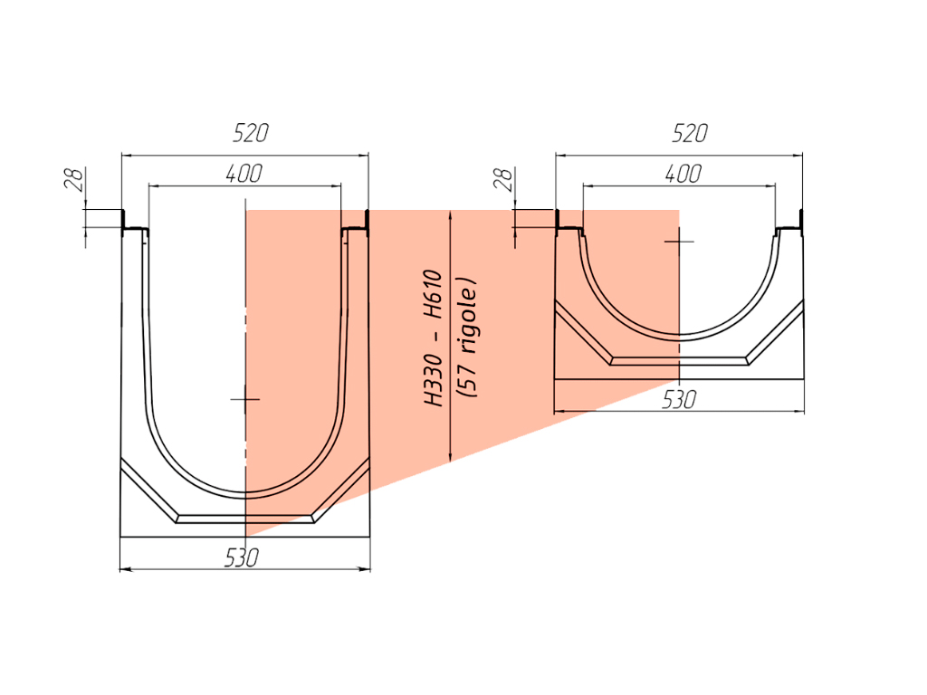 Лоток водоотводный MEGA DN400 (H330 - H610 мм) из фибробетона, с решетками чугунными F900