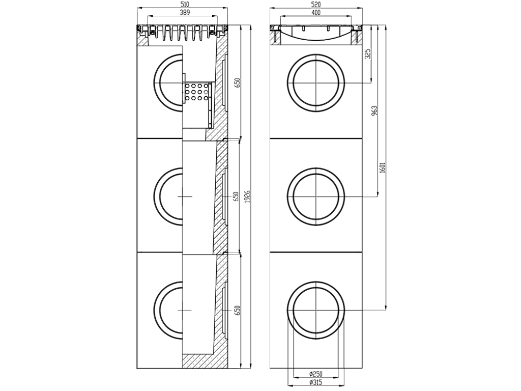 Дождеприемник фибробетонный MEGA DN400, трёхсекционный, с решеткой чугунной класс нагрузки E600