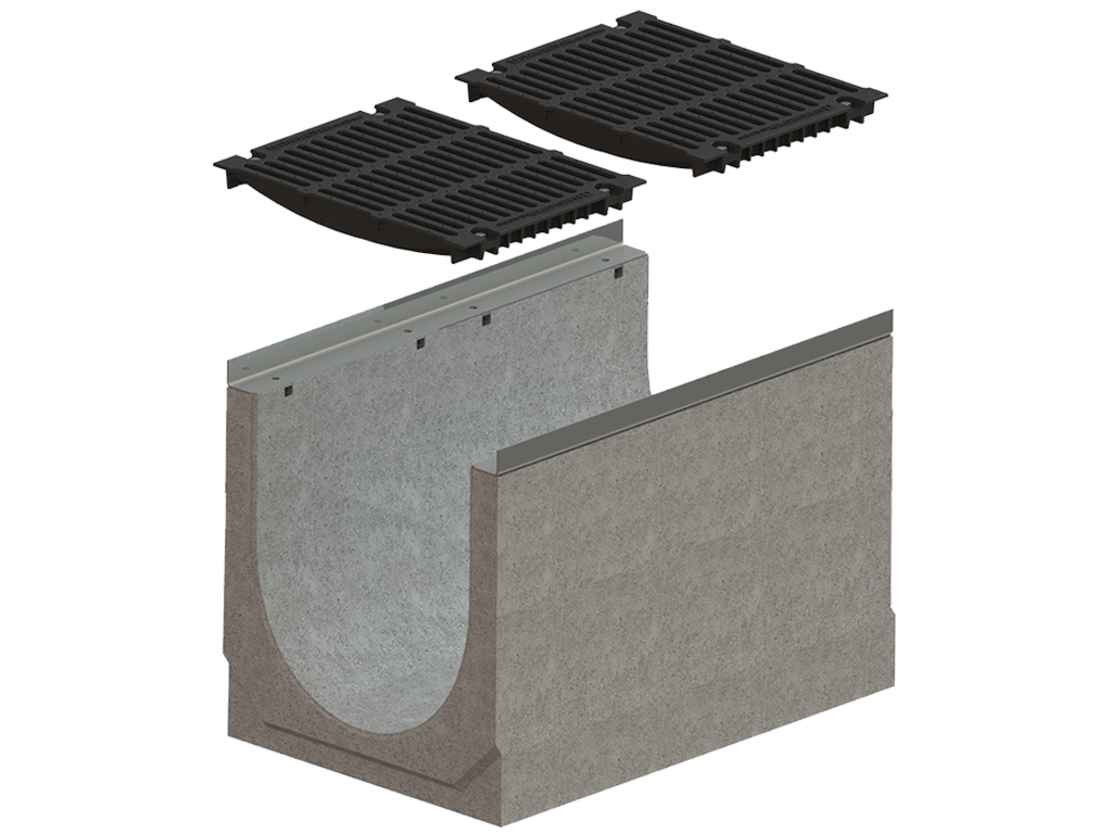 Лоток водоотводный MEGA DN500 (H460 - H610 мм) из фибробетона, с решетками чугунными E600