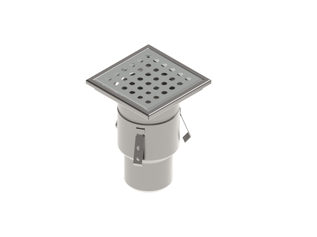 Трап INOX 200х200 с вертикальным выпуском D110, гидрозатвором, уловителем примесей и решеткой перфорированной класса L15 согласно EN1253
