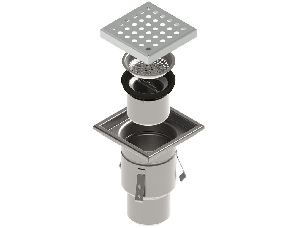 Трап INOX 200х200 с вертикальным выпуском D110, гидрозатвором, уловителем примесей и решеткой перфорированной класса L15 согласно EN1253