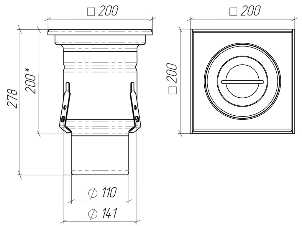 Трап INOX 200х200 с вертикальным выпуском D110, гидрозатвором, уловителем примесей и решеткой перфорированной класса L15 согласно EN1253
