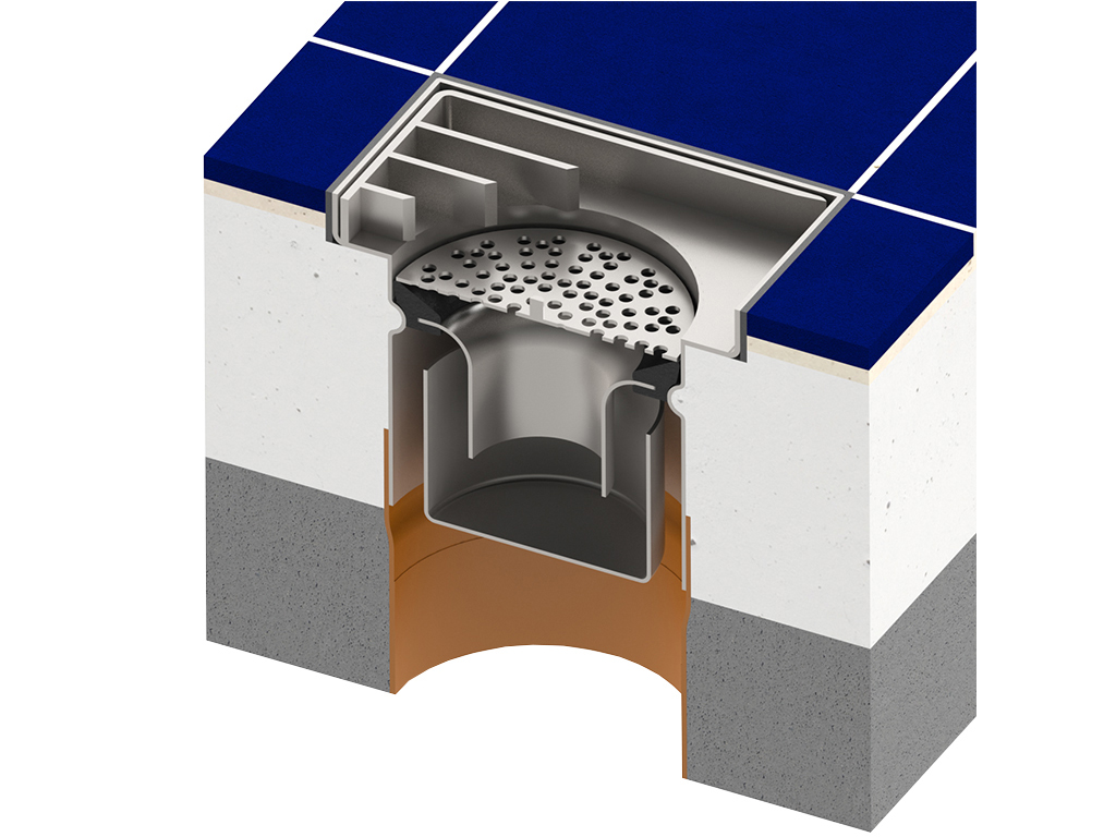 Трап INOX 200х200 с вертикальным выпуском D110, гидрозатвором, уловителем примесей и решеткой перфорированной класса L15 согласно EN1253