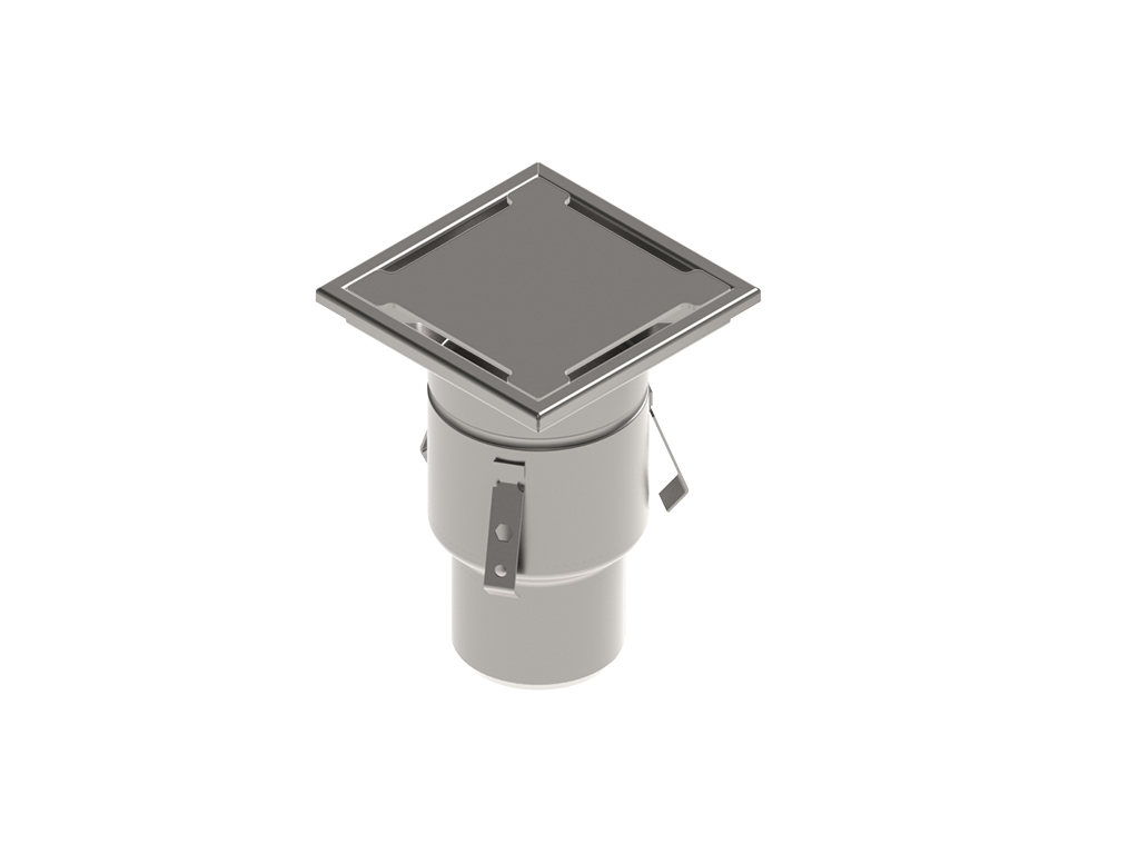 Трап INOX 150х150 с вертикальным выпуском D110, гидрозатвором, уловителем примесей и решеткой пластинчевой класса R50 согласно EN1253