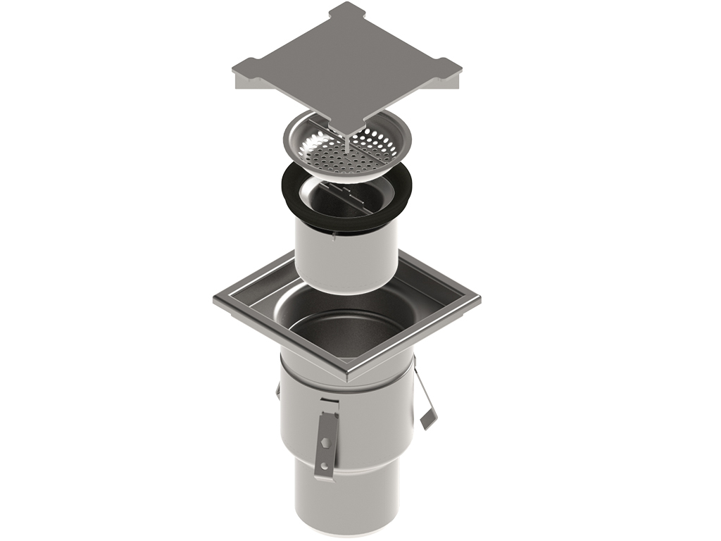 Трап INOX 150х150 с вертикальным выпуском D110, гидрозатвором, уловителем примесей и решеткой пластинчевой класса R50 согласно EN1253