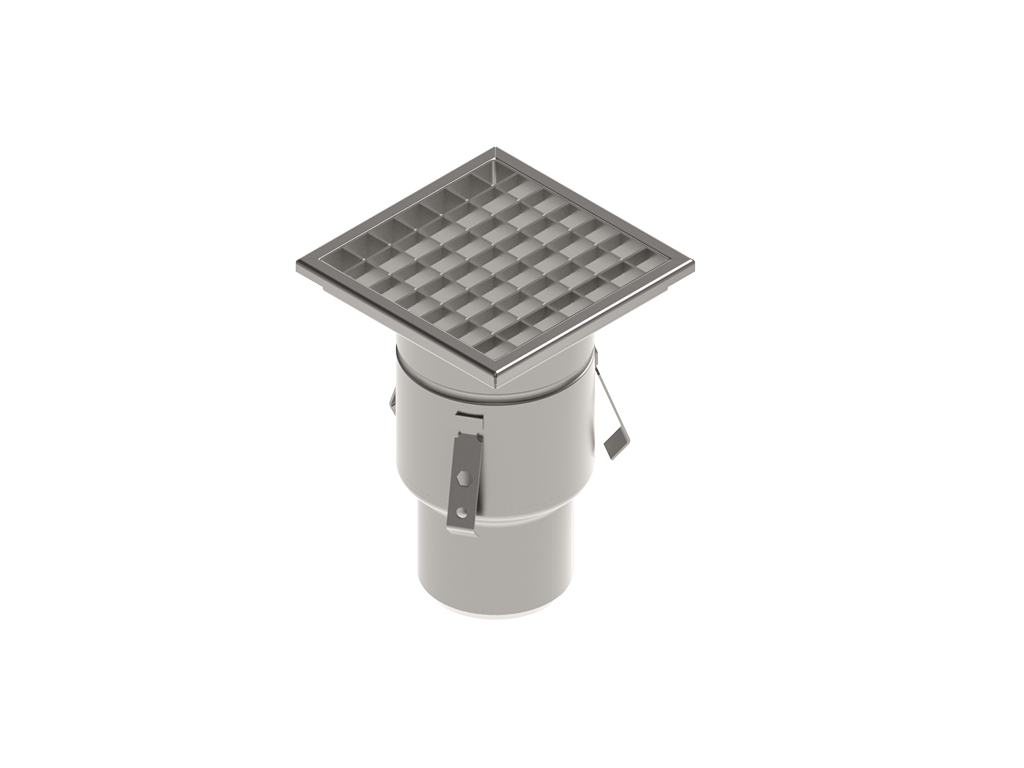 Трап INOX 200х200 с вертикальным выпуском D110, гидрозатвором, уловителем примесей и решеткой  ячеистой антискользящая класса L15 согласно EN1253
