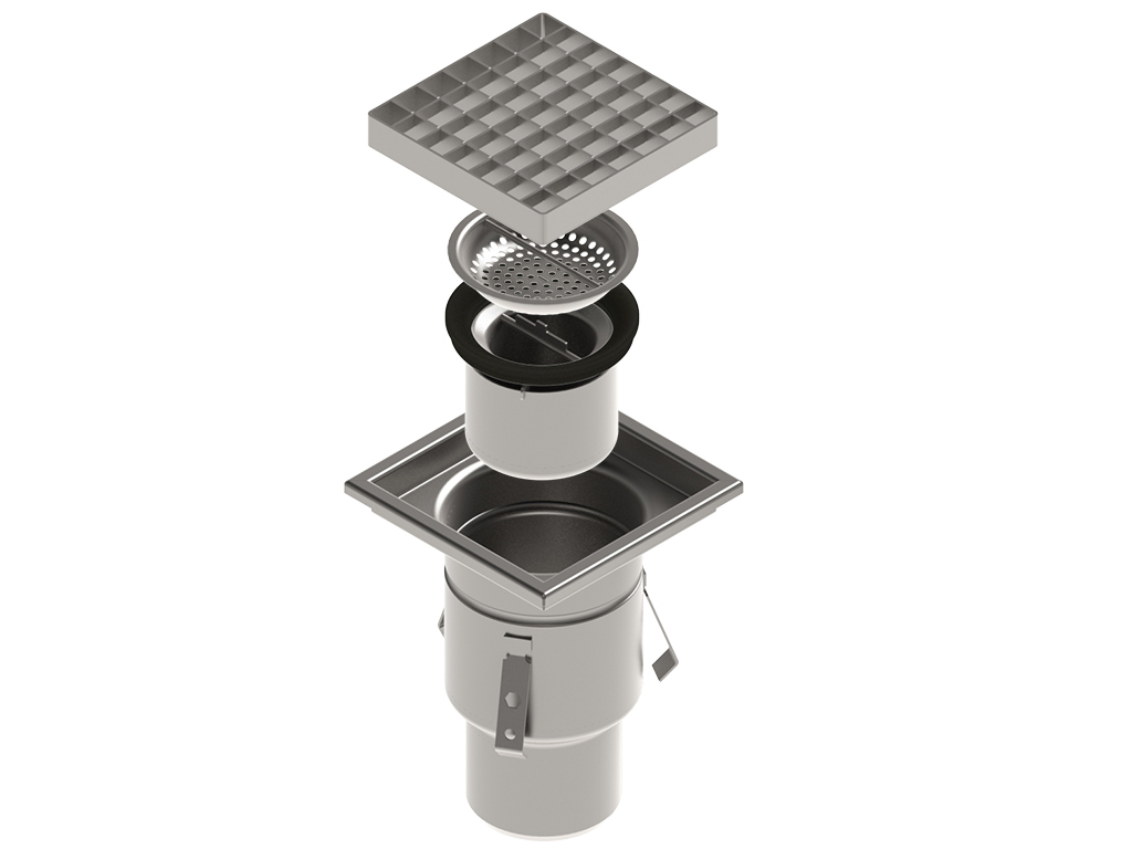 Трап INOX 200х200 с вертикальным выпуском D110, гидрозатвором, уловителем примесей и решеткой  ячеистой антискользящая класса L15 согласно EN1253