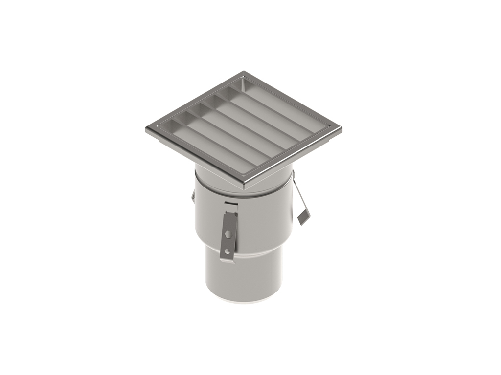 Трап INOX 200х200 с вертикальным выпуском D110, гидрозатвором, уловителем примесей и решеткой щелевой антискользящая, класс M125 согласно EN1253