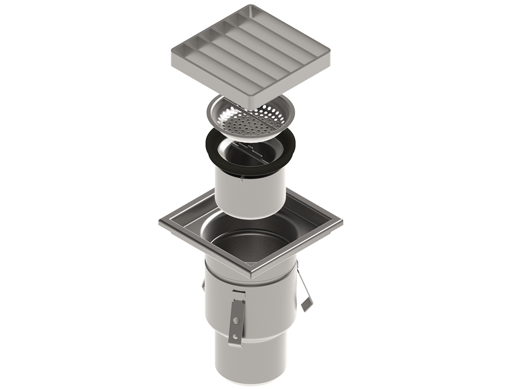 Трап INOX 200х200 с вертикальным выпуском D110, гидрозатвором, уловителем примесей и решеткой щелевой антискользящая, класс M125 согласно EN1253