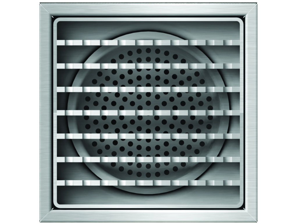 Трап INOX 200х200 с вертикальным выпуском D110, гидрозатвором, уловителем примесей и решеткой щелевой антискользящая, класс M125 согласно EN1253