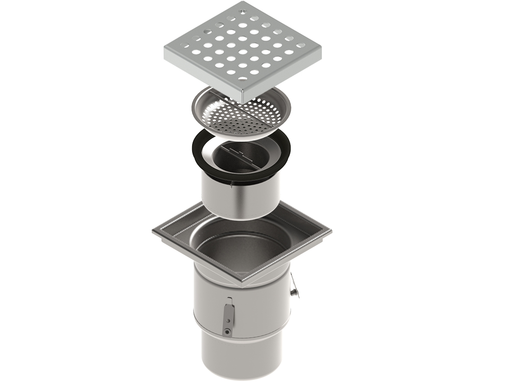 Трап INOX 250х250 с вертикальным выпуском D110, гидрозатвором, уловителем примесей и решеткой перфорированной класса L15 согласно EN1253