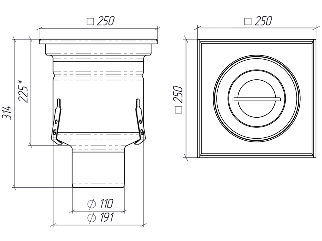 Трап INOX 250х250 с вертикальным выпуском D110, гидрозатвором, уловителем примесей и решеткой перфорированной класса L15 согласно EN1253
