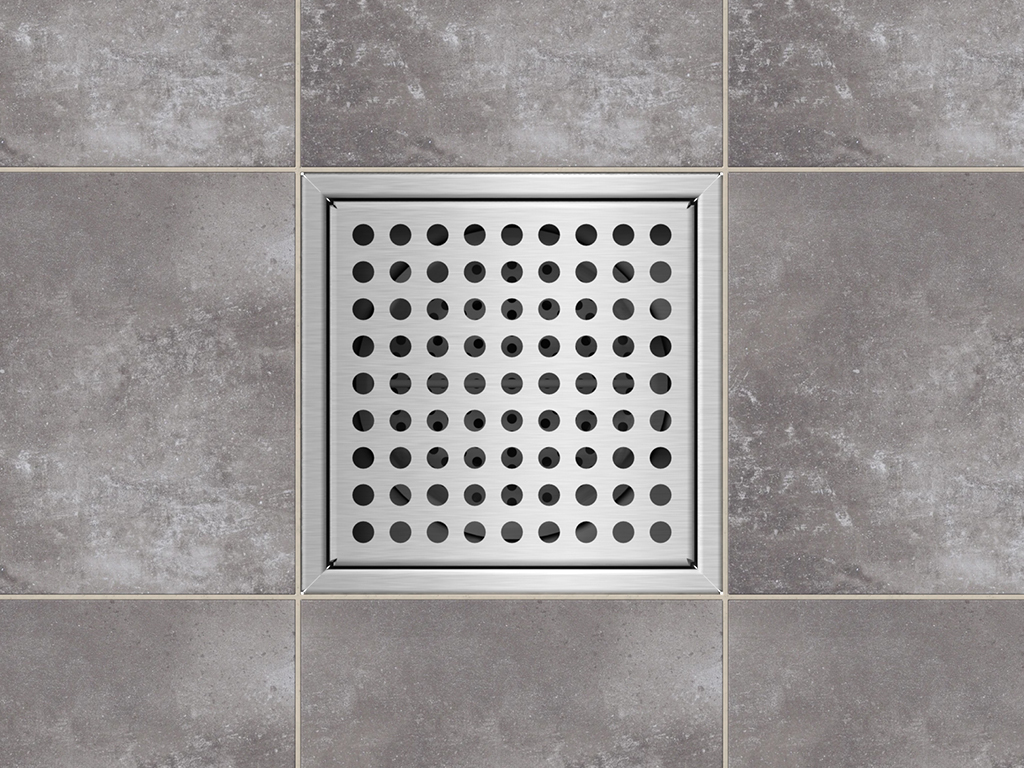 Трап INOX 250х250 с вертикальным выпуском D110, гидрозатвором, уловителем примесей и решеткой перфорированной класса L15 согласно EN1253