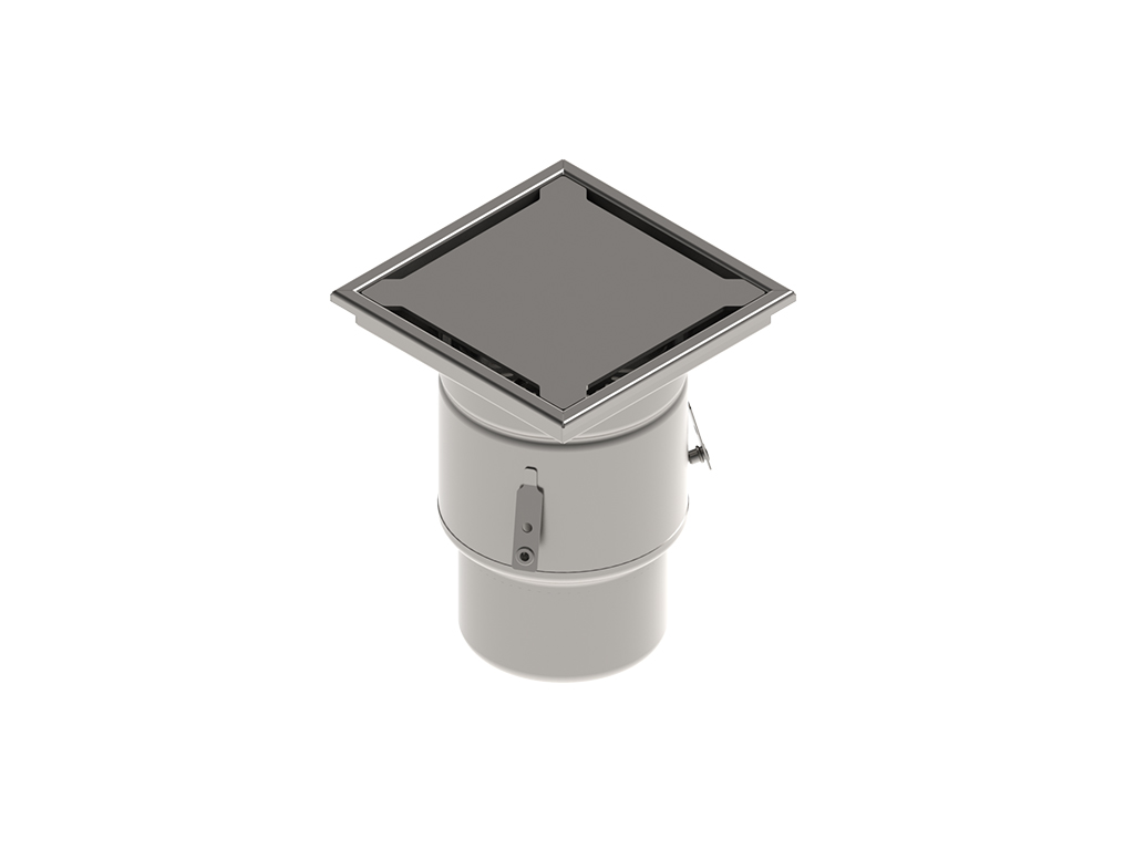 Трап INOX 250х250 с вертикальным выпуском D110, гидрозатвором, уловителем примесей и решеткой пластинчевой класса R50 согласно EN1253