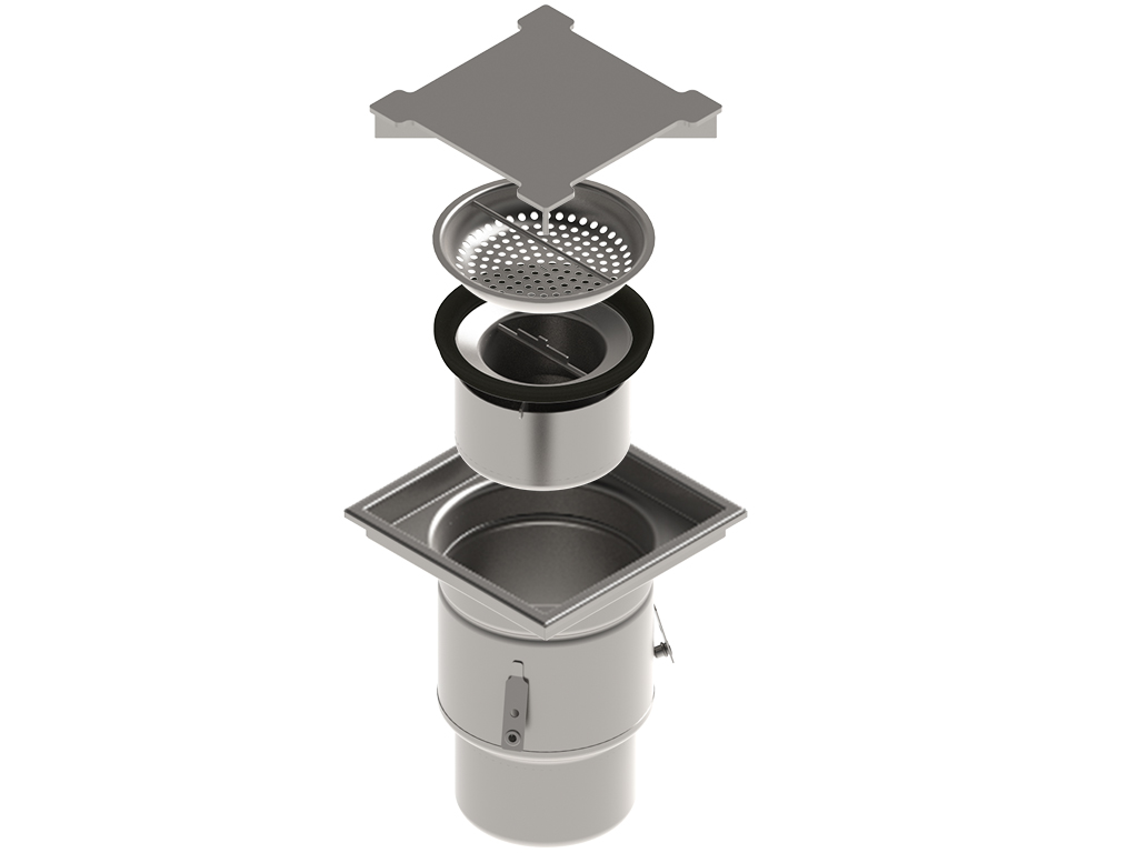 Трап INOX 250х250 с вертикальным выпуском D110, гидрозатвором, уловителем примесей и решеткой пластинчевой класса R50 согласно EN1253