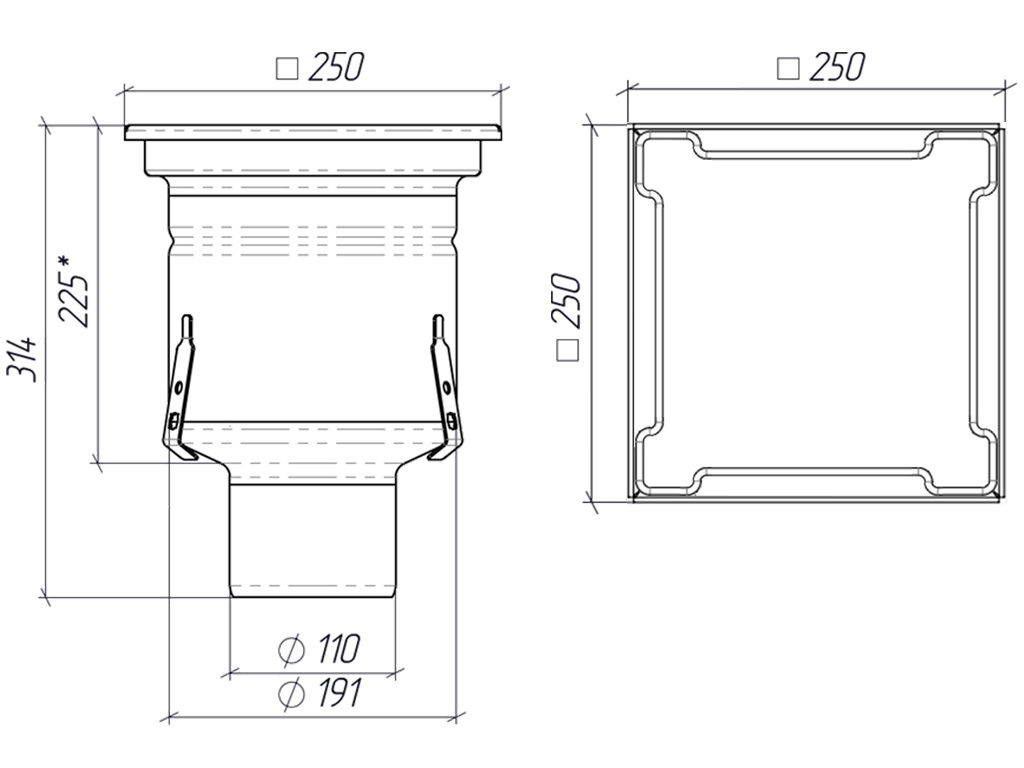 Трап INOX 250х250 с вертикальным выпуском D110, гидрозатвором, уловителем примесей и решеткой пластинчевой класса R50 согласно EN1253