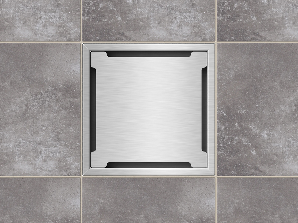 Трап INOX 250х250 с вертикальным выпуском D110, гидрозатвором, уловителем примесей и решеткой пластинчевой класса R50 согласно EN1253