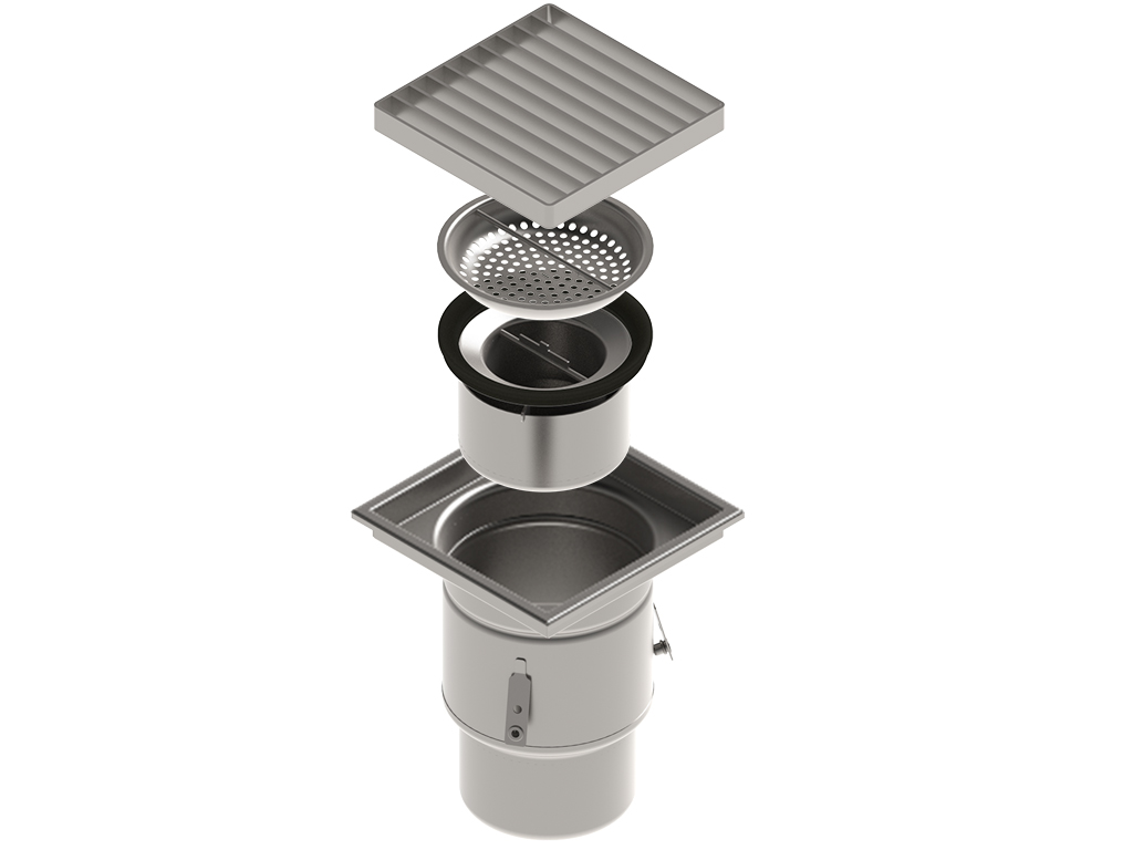 Трап INOX 250х250 с вертикальным выпуском D110, гидрозатвором, уловителем примесей и решеткой щелевой антискользящая, класс M125 согласно EN1253