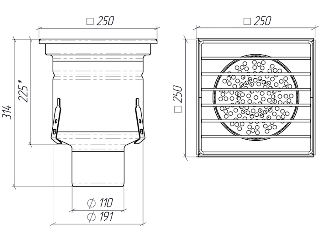 Трап INOX 250х250 с вертикальным выпуском D110, гидрозатвором, уловителем примесей и решеткой щелевой антискользящая, класс M125 согласно EN1253