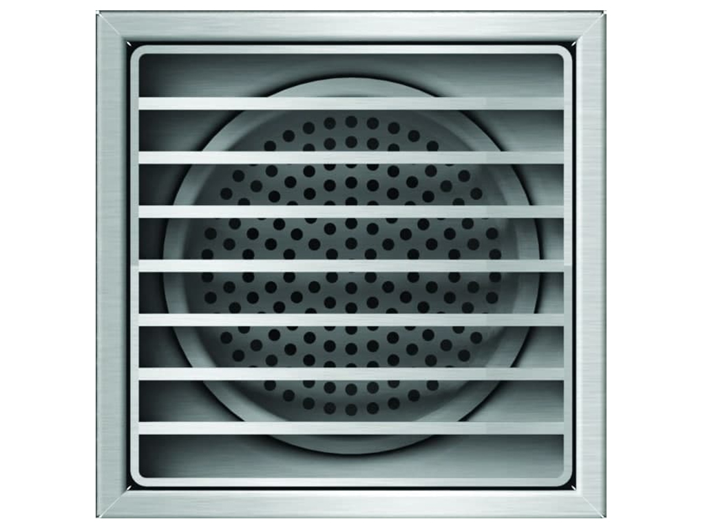 Трап INOX 250х250 с вертикальным выпуском D110, гидрозатвором, уловителем примесей и решеткой щелевой антискользящая, класс M125 согласно EN1253