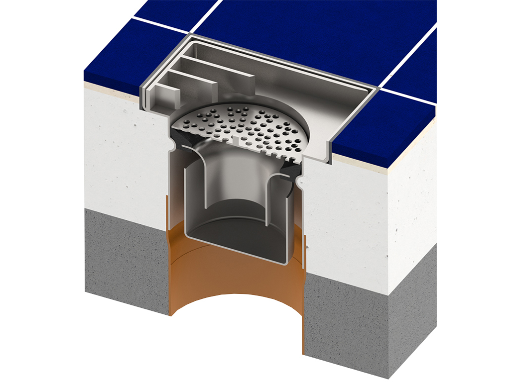 Трап INOX 250х250 с вертикальным выпуском D110, гидрозатвором, уловителем примесей и решеткой щелевой антискользящая, класс M125 согласно EN1253