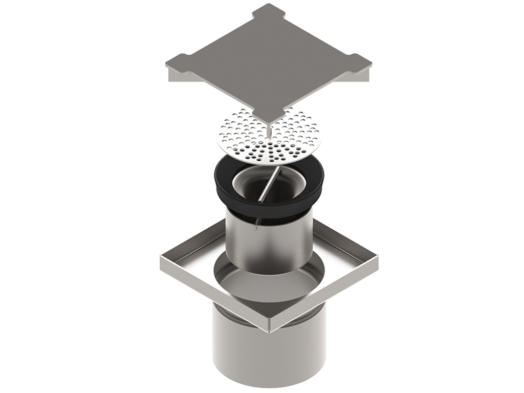 Трап INOX 150х150 с вертикальным выпуском D110, гидрозатвором, уловителем примесей и решеткой пластинчатой класса L15 согласно EN1253