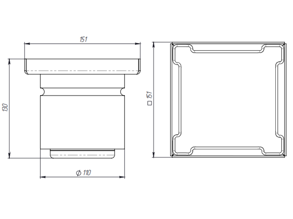 Трап INOX 150х150 с вертикальным выпуском D110, гидрозатвором, уловителем примесей и решеткой пластинчатой класса L15 согласно EN1253