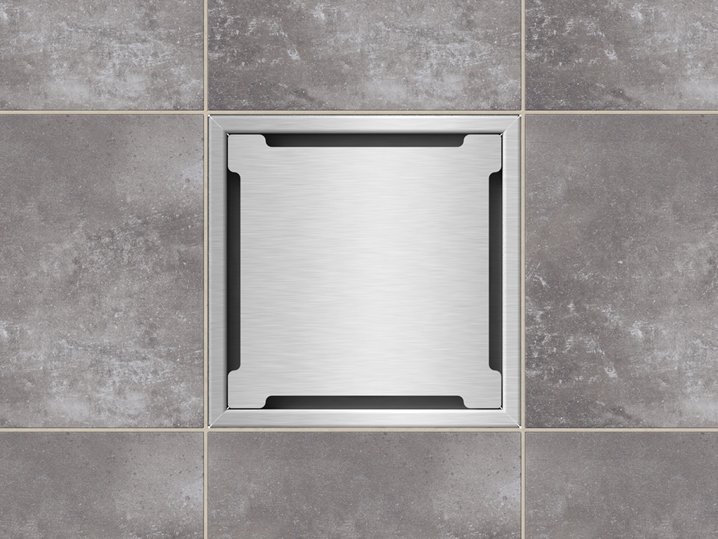 Трап INOX 150х150 с вертикальным выпуском D110, гидрозатвором, уловителем примесей и решеткой пластинчатой класса L15 согласно EN1253