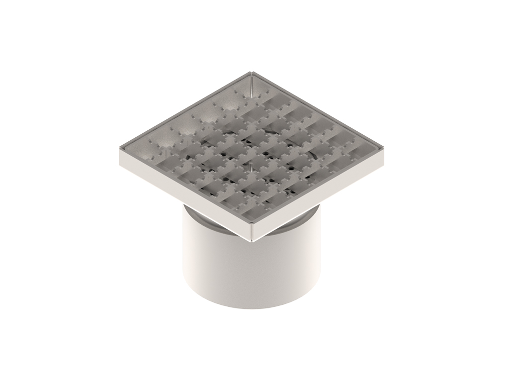 Трап INOX 150х150 с вертикальным выпуском D110, гидрозатвором, уловителем примесей и решеткой  ячеистой антискользящая класса L15 согласно EN1253