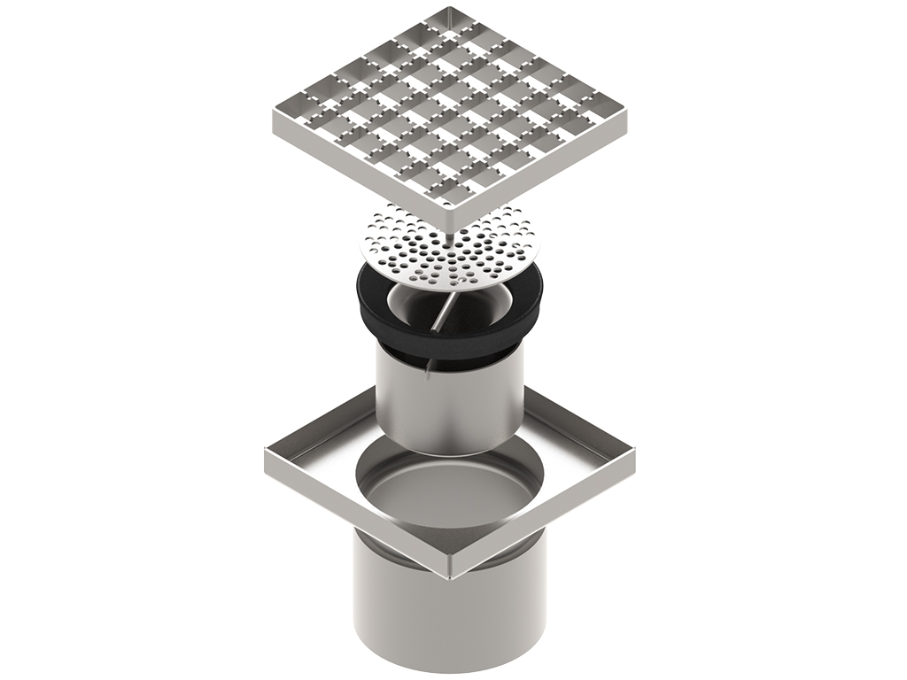 Трап INOX 150х150 с вертикальным выпуском D110, гидрозатвором, уловителем примесей и решеткой  ячеистой антискользящая класса L15 согласно EN1253