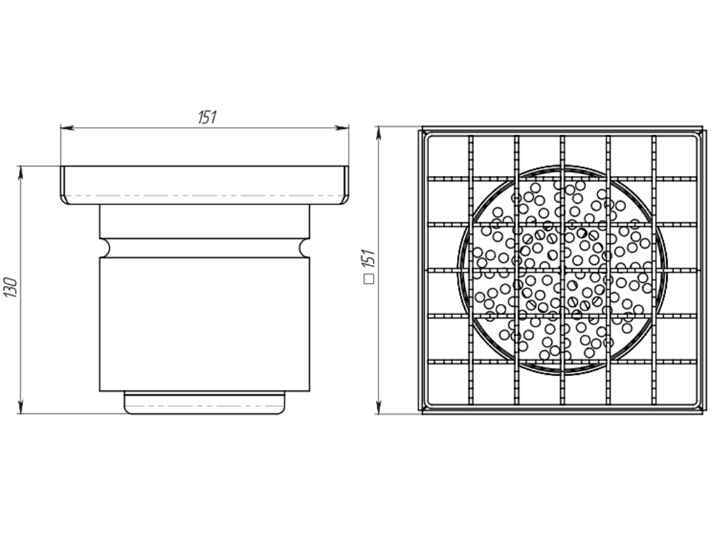 Трап INOX 150х150 с вертикальным выпуском D110, гидрозатвором, уловителем примесей и решеткой  ячеистой антискользящая класса L15 согласно EN1253
