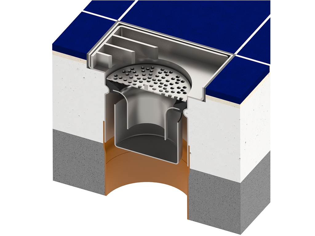 Трап INOX 150х150 с вертикальным выпуском D110, гидрозатвором, уловителем примесей и решеткой  ячеистой антискользящая класса L15 согласно EN1253