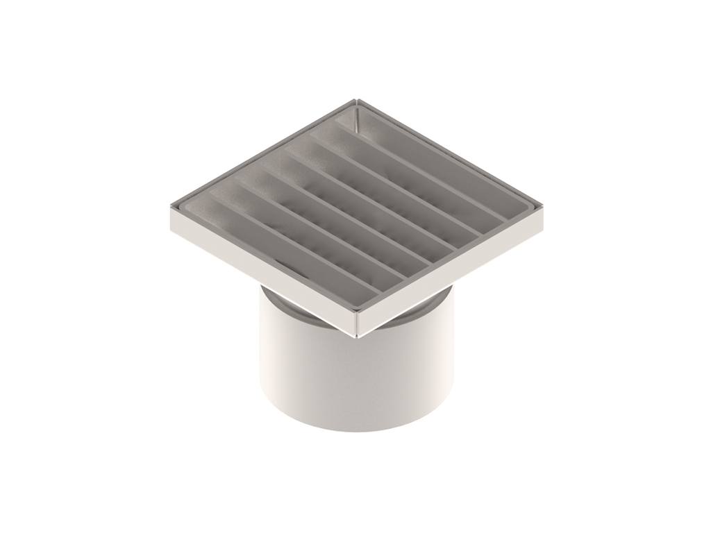 Трап INOX 150х150 с вертикальным выпуском D110, гидрозатвором, уловителем примесей и решеткой щелевой класса L15 согласно EN1253