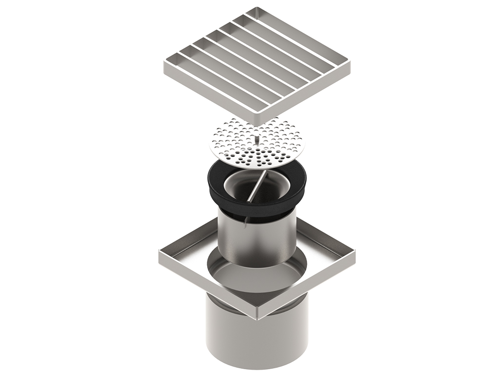 Трап INOX 150х150 с вертикальным выпуском D110, гидрозатвором, уловителем примесей и решеткой щелевой класса L15 согласно EN1253