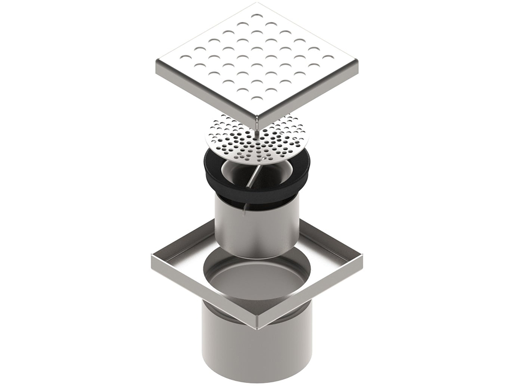 Трап INOX 150х150 с вертикальным выпуском D110, гидрозатвором, уловителем примесей и решеткой перфорированной класса L15 согласно EN1253