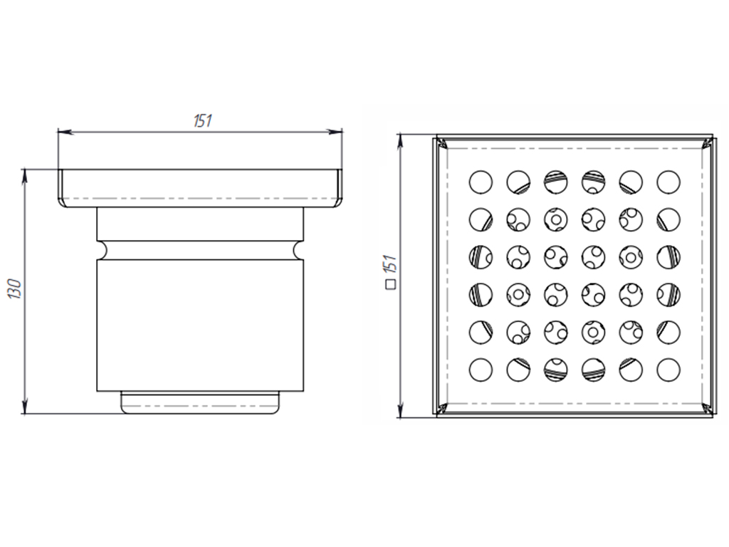 Трап INOX 150х150 с вертикальным выпуском D110, гидрозатвором, уловителем примесей и решеткой перфорированной класса L15 согласно EN1253