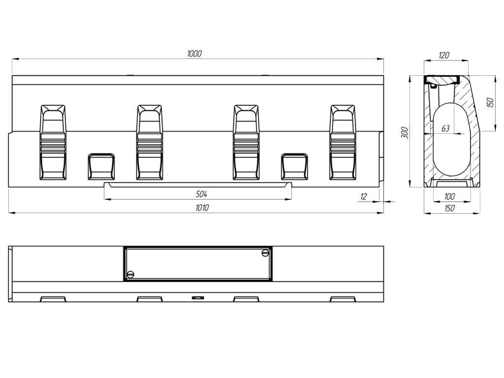Бордюр водоотводный полимербетонный Compomax DN100 H300 (1000x150x300) с ревизионным оцинкованным люком