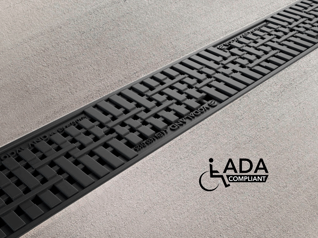 Rigolă Base DN100 H75 cu grătare din poliamidă cu fibră de sticlă (PA-GF) în grilă, standard ADA, clasa de sarcini C250 (1000x156x75)