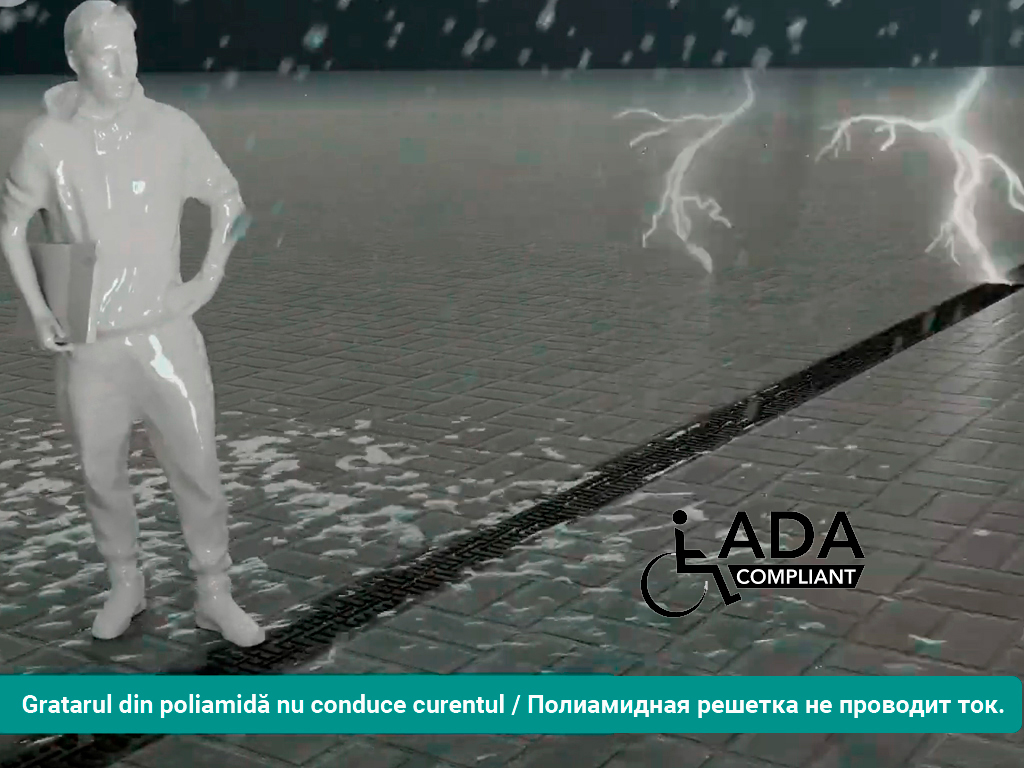 Лоток водоотводный Base DN100 H135 с решеткой полиамидной усиленной стекловолокном (PA-GF), стандарт ADA, класс C250 (1000x156x135)