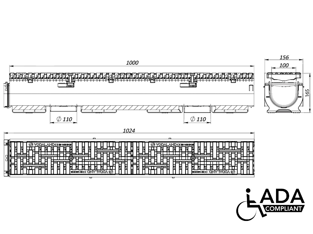 Rigola din polipropilenă Base DN100 H165 cu gratare din poliamida cu fibra de sticla (PA-GF) în grila, standard ADA, clasa de sarcini B125 (1000x156x165)