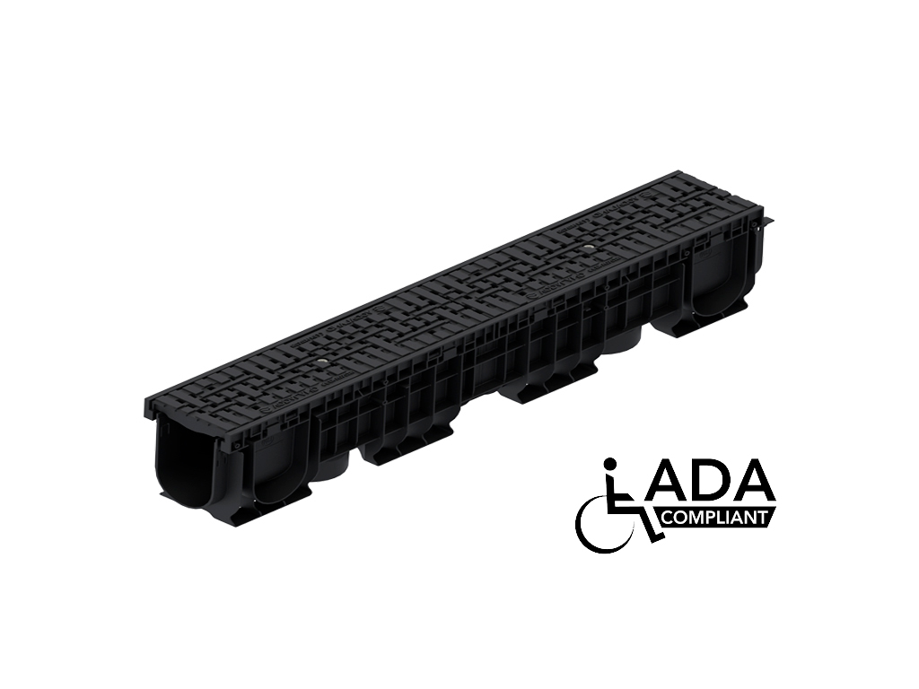 Rigolă Base DN100 H165 cu grătare din poliamidă cu fibră de sticlă (PA-GF) în grilă, standard ADA, clasa de sarcini C250 (1000x156x165)