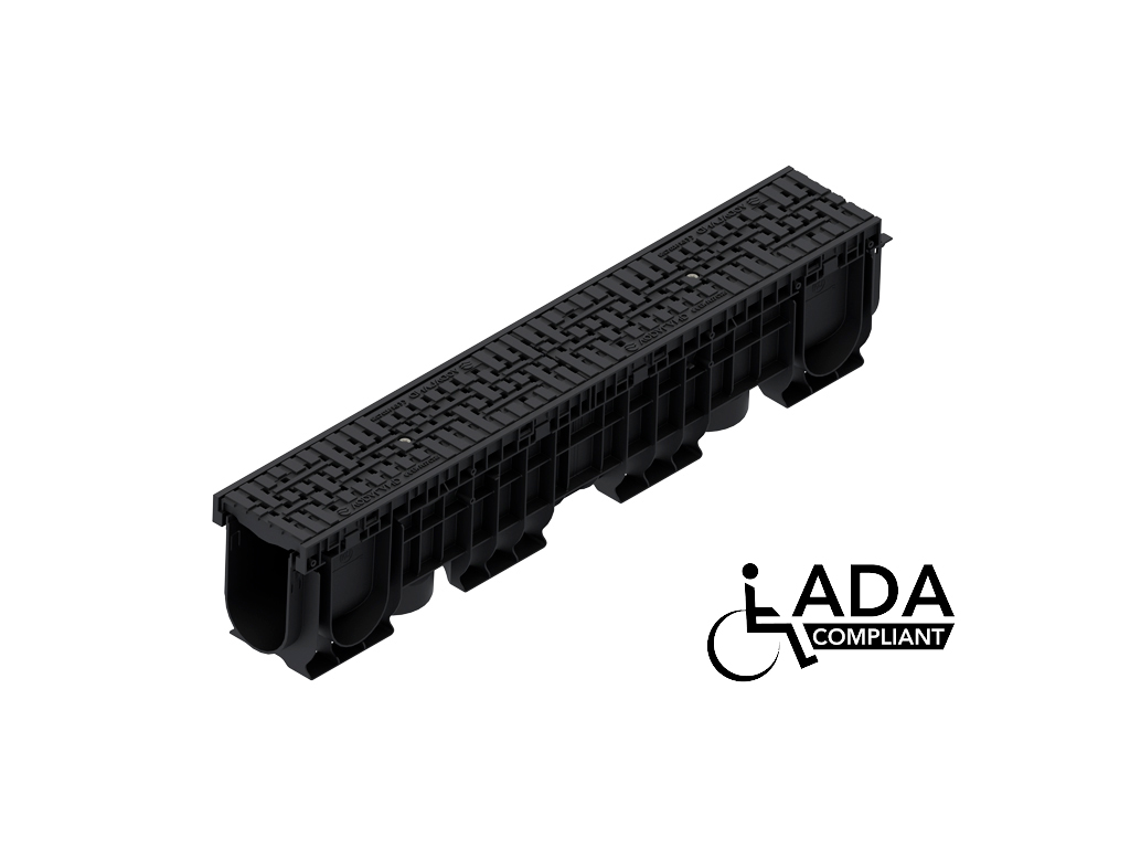 Rigolă Base DN100 H215 cu grătare din poliamidă cu fibră de sticlă (PA-GF) în grilă, standard ADA, clasa de sarcini C250 (1000x156x215)