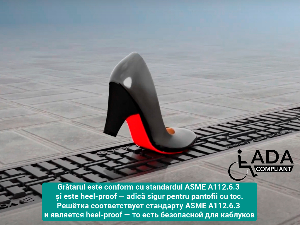 Rigolă Base DN100 H215 cu grătare din poliamidă cu fibră de sticlă (PA-GF) în grilă, standard ADA, clasa de sarcini C250 (1000x156x215)