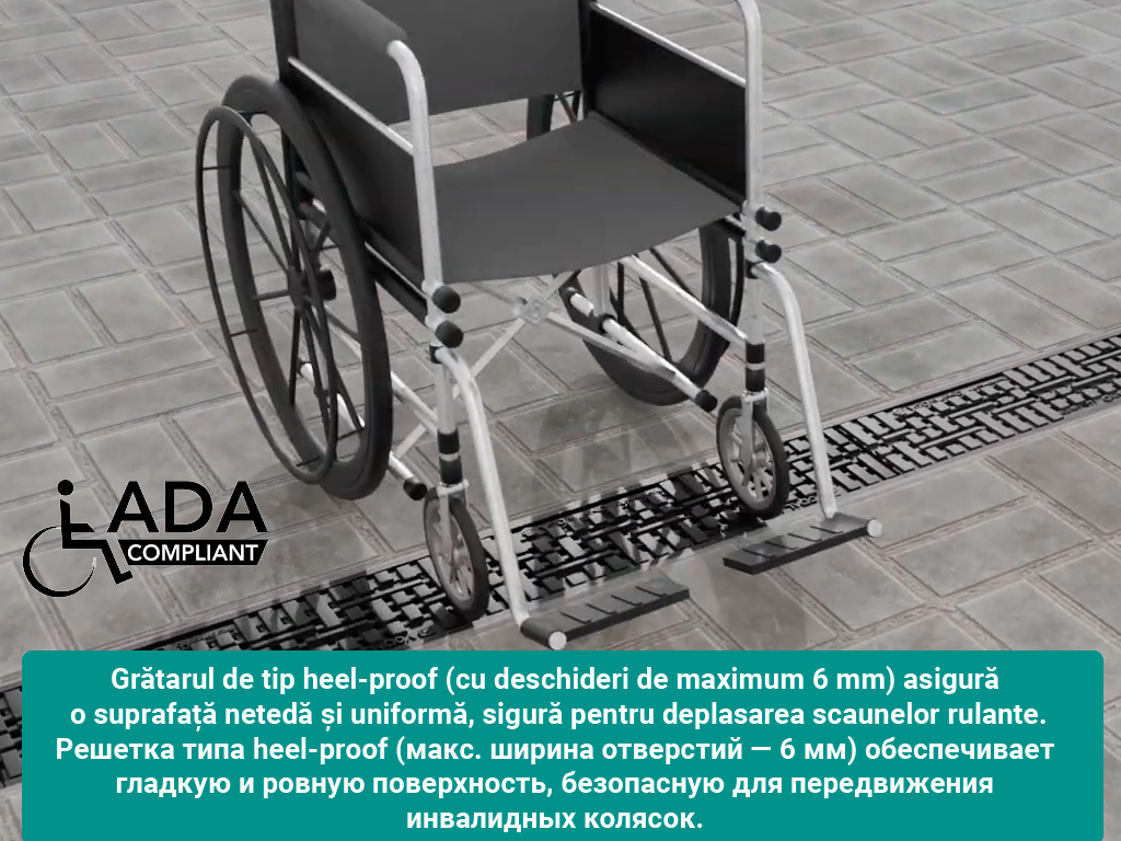 Rigolă Base DN100 H215 cu grătare din poliamidă cu fibră de sticlă (PA-GF) în grilă, standard ADA, clasa de sarcini C250 (1000x156x215)